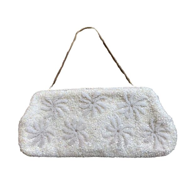 Vtg Mod 50s 60s White VNTG Gold Sequin Pearl Beaded Evening Handbag Clutch Purse - Picture 1 of 12